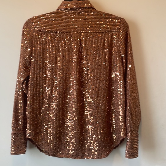 Anthropologie Bronze Sequin Blouse $130 Top XS Small Petite L/S Button Down NWT - Picture 6 of 12